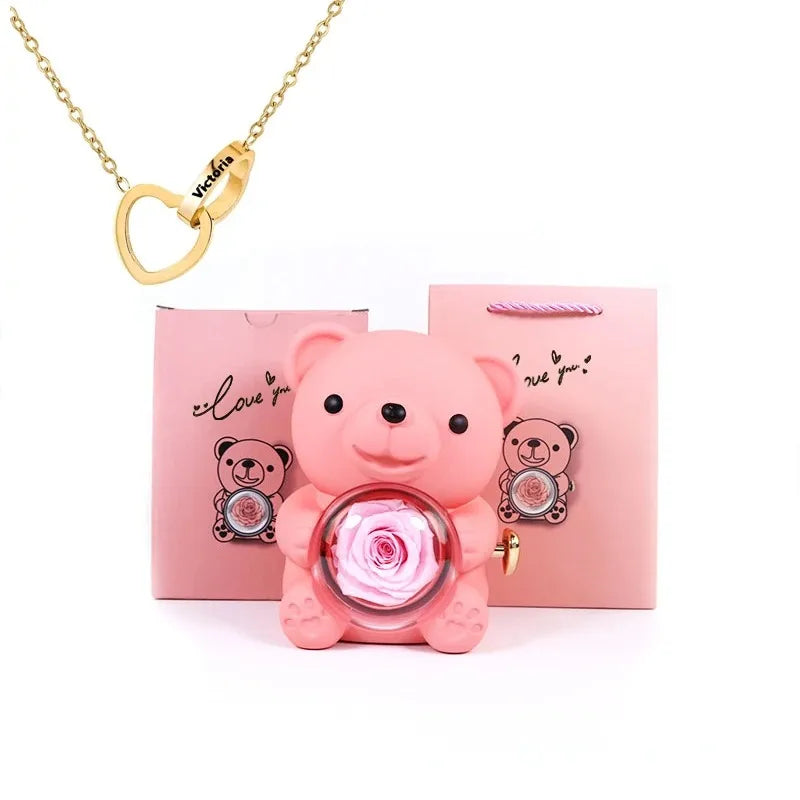 Pink Rose Bear -  With Engraved Necklace