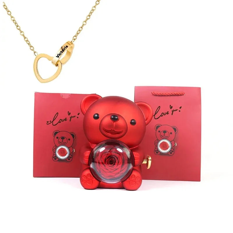 Red Rose Bear - with Engraved Heart Necklace