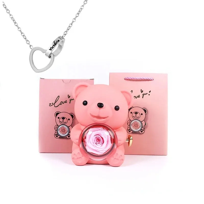 Pink Rose Bear -  With Engraved Necklace