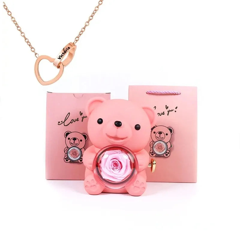 Pink Rose Bear -  With Engraved Necklace