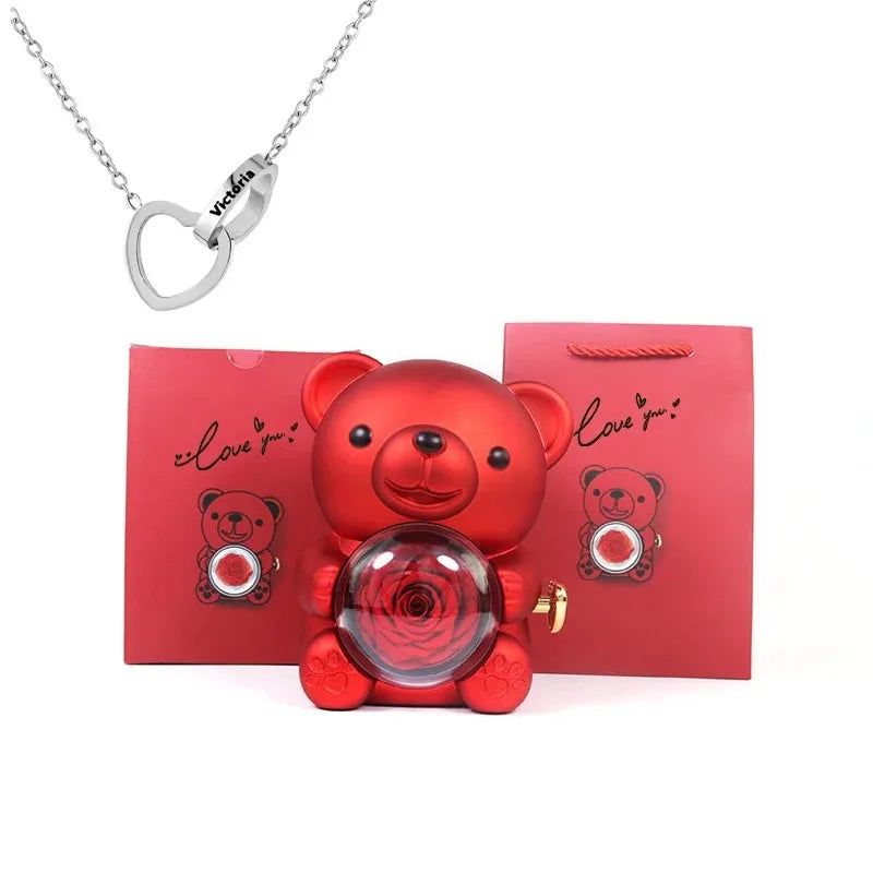 Red Rose Bear - with Engraved Heart Necklace