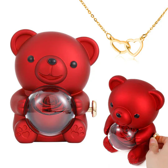 Red Rose Bear - with Engraved Heart Necklace