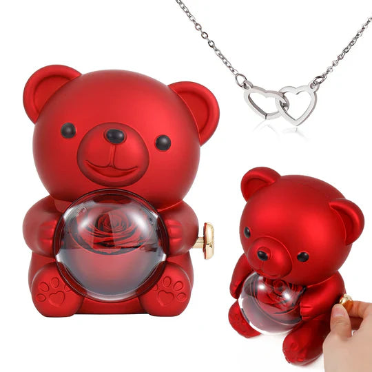 Red Rose Bear - with Engraved Heart Necklace