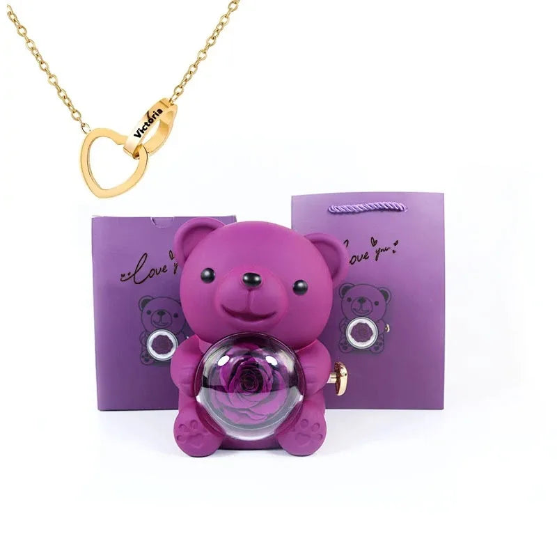 Purple Rose Bear - with Engraved Necklace