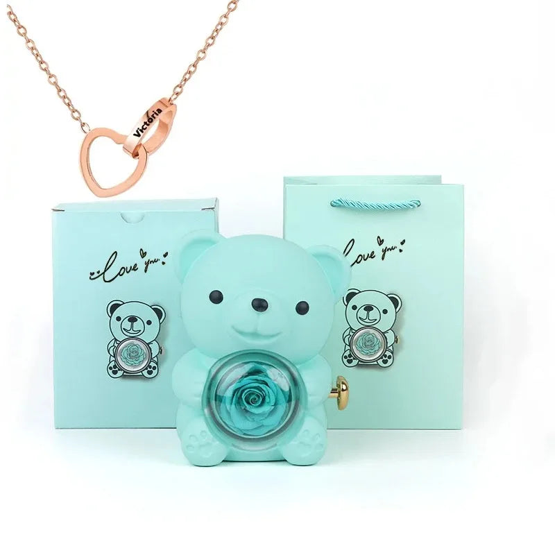 Blue Rose Bear - With Engraved Necklace