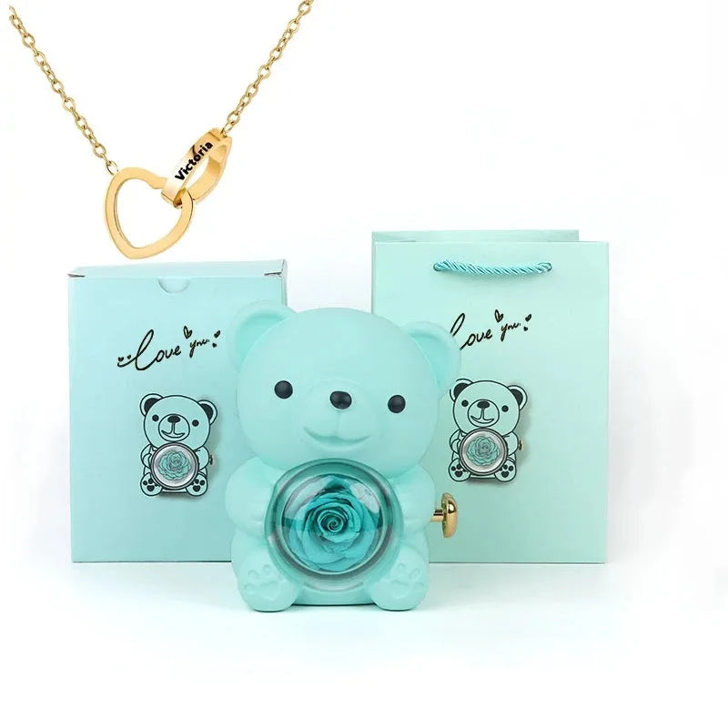 Blue Rose Bear - With Engraved Necklace